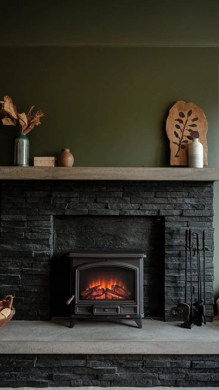 Cozy nights and family gatherings are made perfect in this rustic-modern fireplace family room. The black stack stone fireplace, with its unique mantle decor and cottage electric fireplace, offers the perfect blend of modern fireplace decor and living room fireplace ideas. The green wall and concrete mantle fireplace truly elevate the space.