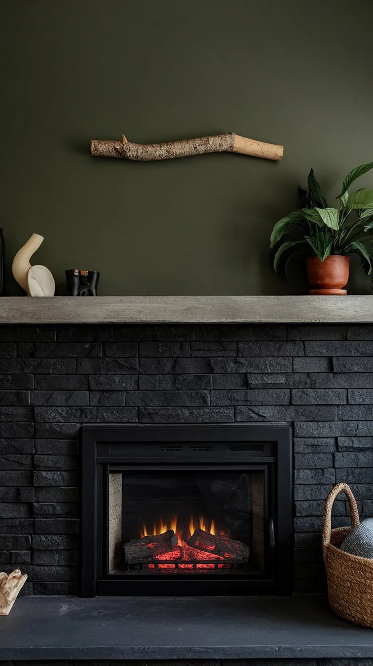 Cozy nights and family gatherings are made perfect in this dark color fireplace family room, featuring a modern fireplace decor with a black stack stone fireplace and concrete mantle fireplace. The green wall fireplace and unique mantle decor, including a cottage electric fireplace, complete the look.