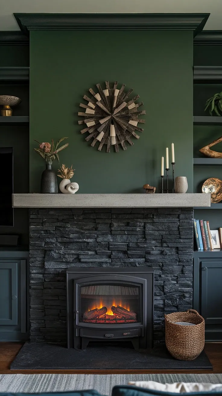Warmth and style collide in this dark color fireplace family room. The black stack stone fireplace, featuring a unique mantle decor and concrete mantle fireplace, anchors the space against a striking green wall fireplace, showcasing modern fireplace decor and offering living room fireplace ideas. A cottage electric fireplace adds a touch of cozy charm.