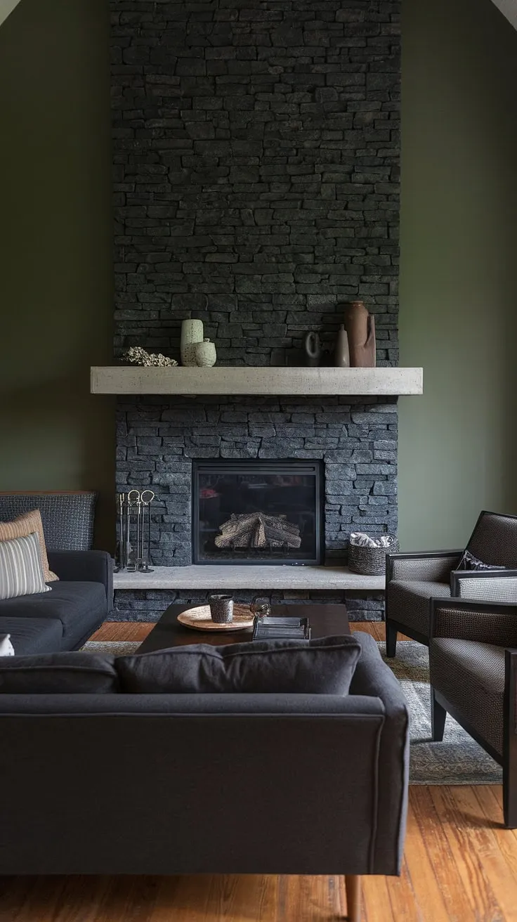 A dark color fireplace, featuring black stack stone and a concrete mantle, anchors this charming cottage family room. The green wall fireplace provides a striking backdrop for the unique mantle decor, while the modern fireplace decor elevates the overall aesthetic. This living room fireplace ideas demonstrates how a black brick fireplace can seamlessly integrate into a cozy and stylish space. The cottage electric fireplace offers a practical and visually appealing addition to this inviting room.