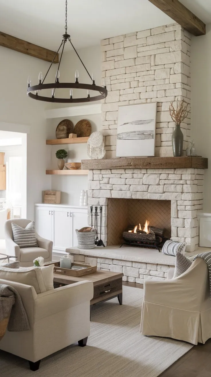 Rustic charm meets modern comfort in a family room centered around a stunning stone fireplace, complete with wooden beams and a welcoming seating area.