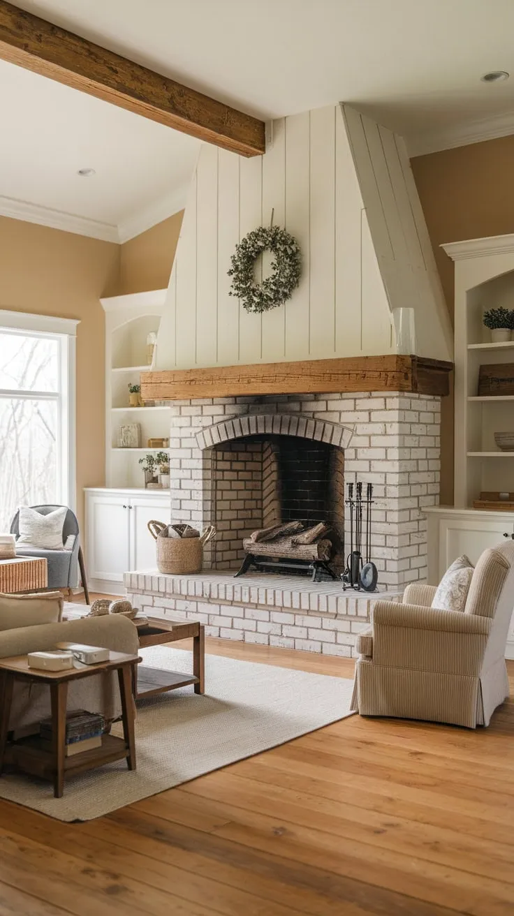 A rustic brick fireplace anchors a cozy farmhouse family room, warmed by wooden beams, a mantel, and inviting furniture.