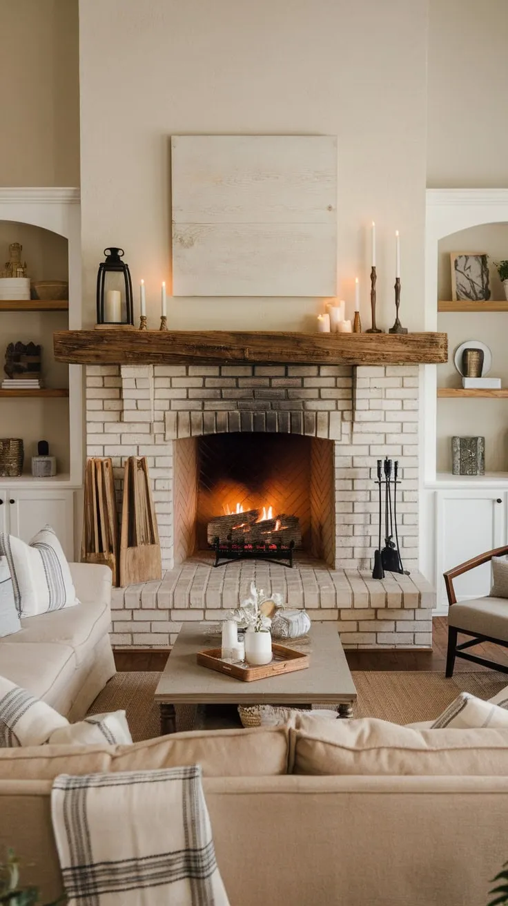 A rustic fireplace anchors a cozy farmhouse family room, its warm glow illuminating comfortable seating and charming décor.