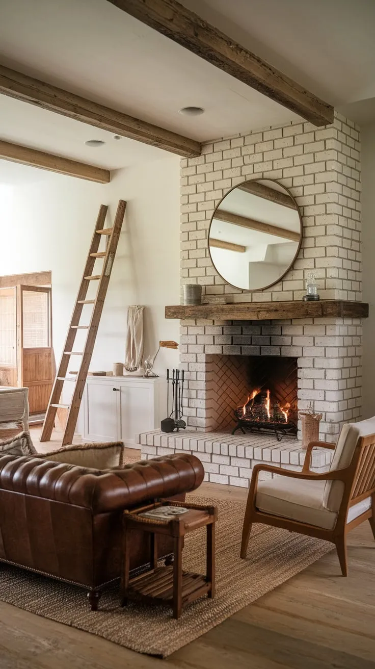 Rustic charm fills a farmhouse family room, its white brick fireplace and wooden mantelpiece the cozy heart of the space