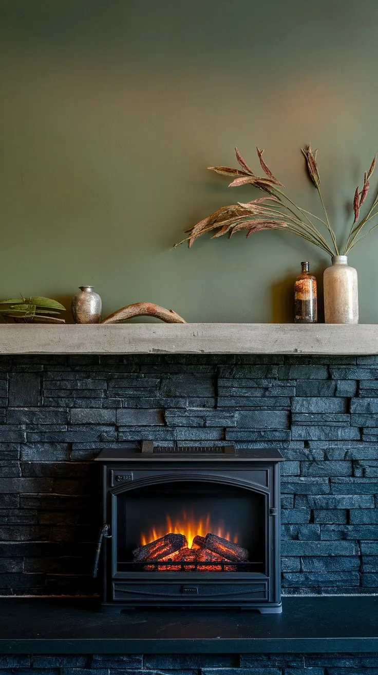 This modern fireplace decor features a striking black stack stone fireplace, a unique mantle decor against a green wall, and a cozy cottage electric fireplace. The concrete mantle fireplace and dark color fireplace, along with the black brick fireplace, create a warm and inviting atmosphere perfect for any fireplace family room. Plenty of living room fireplace ideas are showcased here.