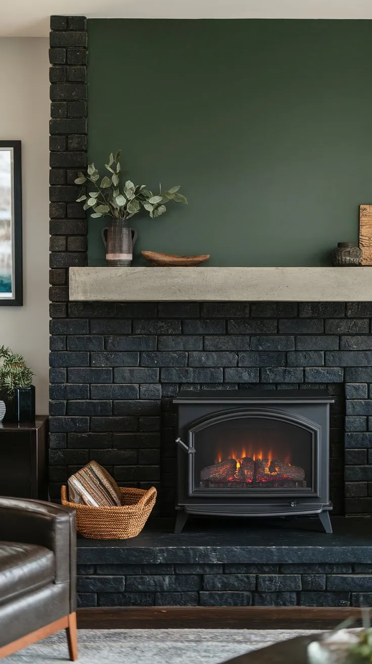 This modern fireplace decor features a striking black stack stone fireplace and concrete mantle fireplace, set against a sophisticated green wall fireplace. The dark color fireplace creates a dramatic ambiance, perfectly complemented by a cozy cottage electric fireplace. Get inspired by these living room fireplace ideas for your own fireplace family room.