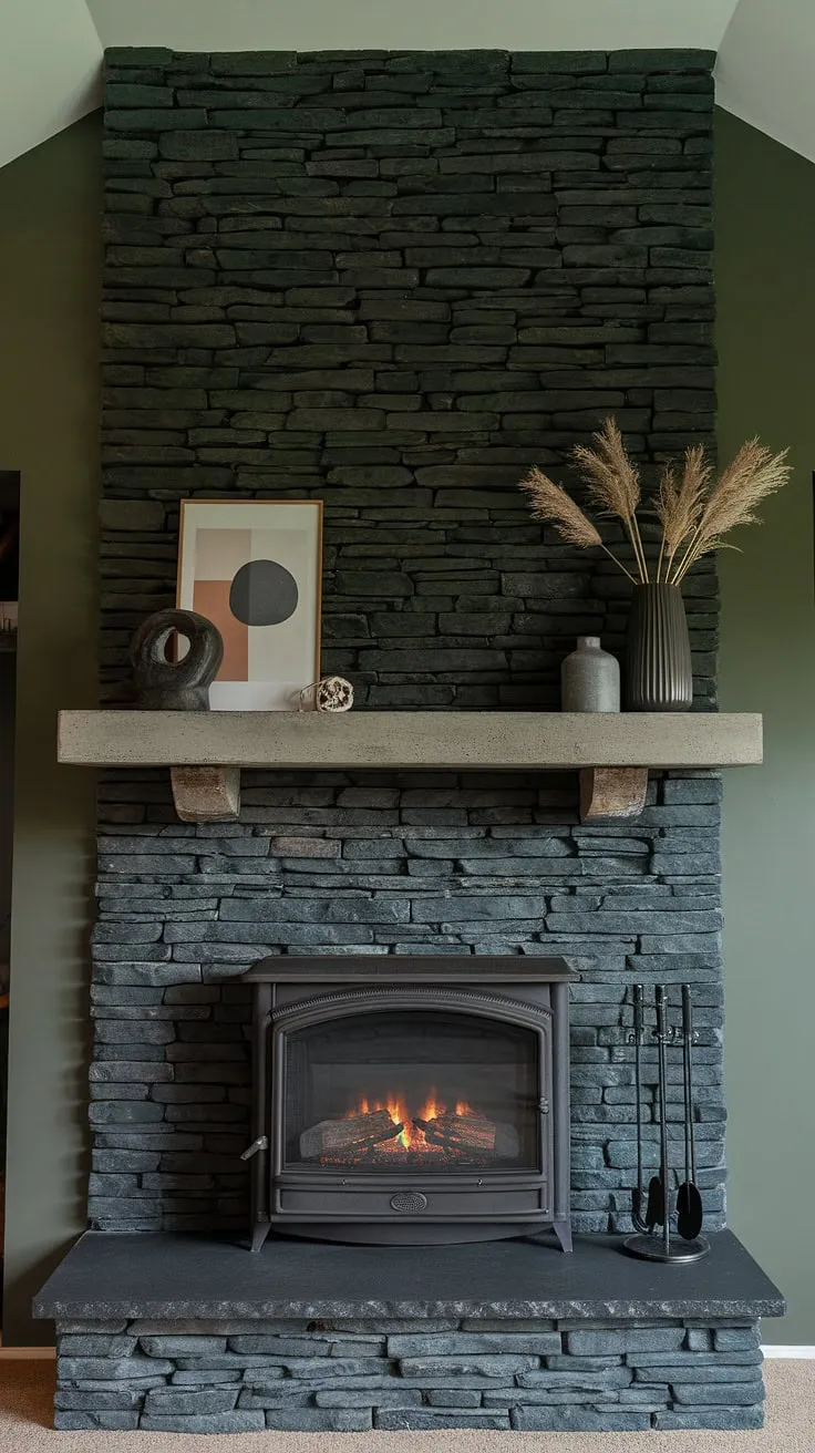 This black brick fireplace, a stunning black stack stone fireplace, is the heart of this modern family room. The unique mantle decor and concrete mantle fireplace add a touch of industrial chic, while the green wall fireplace and cottage electric fireplace create a warm and inviting ambiance. Perfect living room fireplace ideas for a dark color fireplace lover.