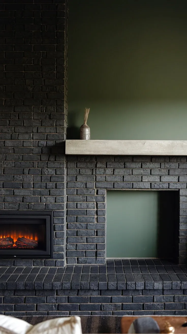 Cozy nights and family gatherings are made perfect in this dramatic fireplace family room. The black brick fireplace, with its black stack stone finish and unique concrete mantle decor, anchors the space, while the green wall and cottage electric fireplace add unexpected pops of color and warmth. This modern fireplace decor showcases living room fireplace ideas that are both stylish and inviting.