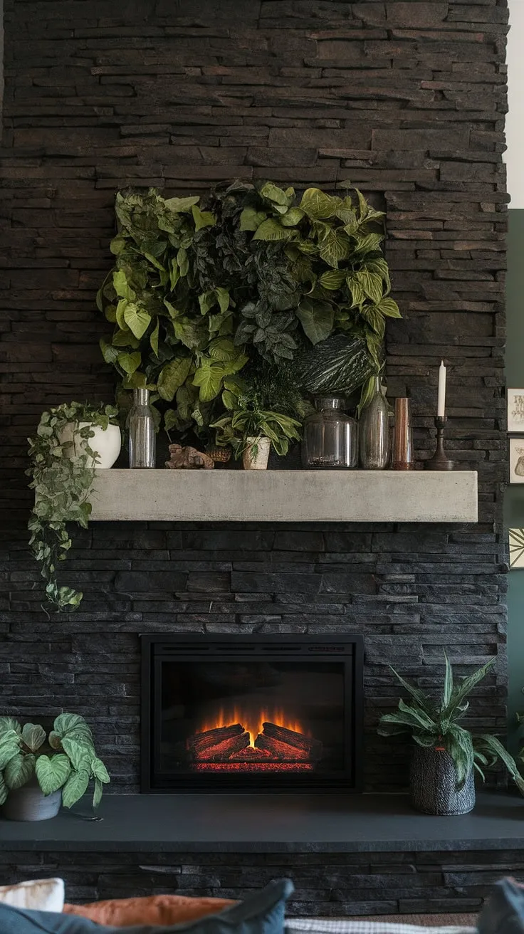 A sophisticated blend of textures and tones defines this family room. The black stack stone fireplace, a showstopping dark color fireplace, is anchored by a concrete mantle fireplace, creating unique mantle decor. This green wall fireplace design, complemented by the cottage electric fireplace, offers both style and functionality, making it a prime example of modern fireplace decor. The black brick fireplace adds a touch of rustic charm to this living room fireplace ideas inspiration.