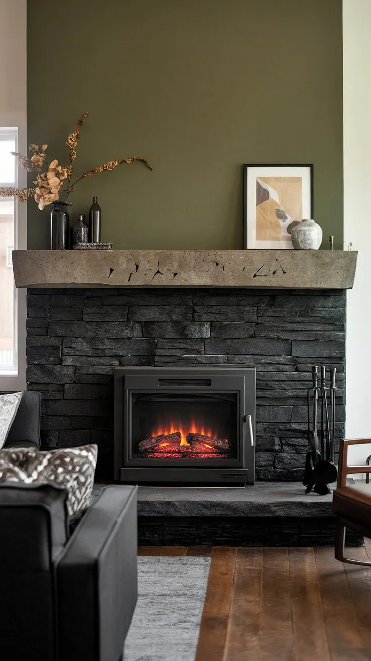 This dark color fireplace family room boasts a stunning black brick fireplace—a black stack stone fireplace, to be exact—featuring unique mantle decor made of concrete. The green wall and dark furniture create a sophisticated ambiance, showcasing inspiring living room fireplace ideas. The added cottage electric fireplace completes the cozy feel.
