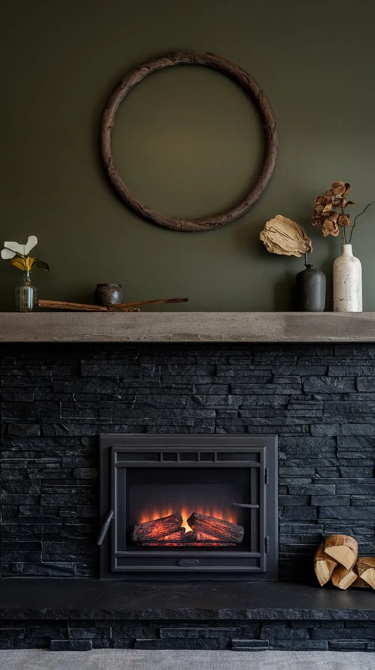 Cozy nights and family gatherings are made perfect in this fireplace family room. The black stack stone fireplace, with its concrete mantle and unique mantle decor, is the heart of this modern fireplace decor, offering living room fireplace ideas with a rustic twist. The green wall fireplace and dark color fireplace add depth and warmth. A cottage electric fireplace adds extra ambiance.