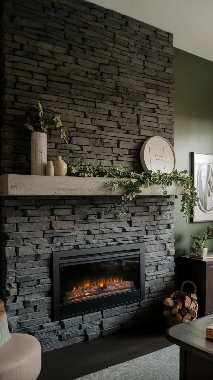 This black brick fireplace, a stunning black stack stone fireplace, anchors this dark color fireplace family room. The concrete mantle fireplace showcases unique mantle decor, while the green wall fireplace adds a touch of nature. Perfect living room fireplace ideas for a modern and cozy space. The cottage electric fireplace completes the ambiance.