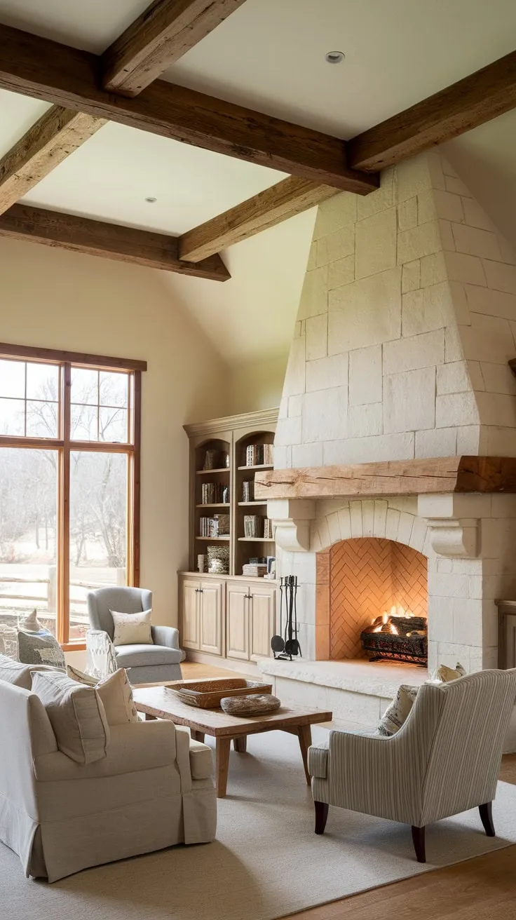 A cozy farmhouse family room boasts a stunning stone fireplace as its centerpiece, creating a warm and inviting atmosphere for family gatherings.