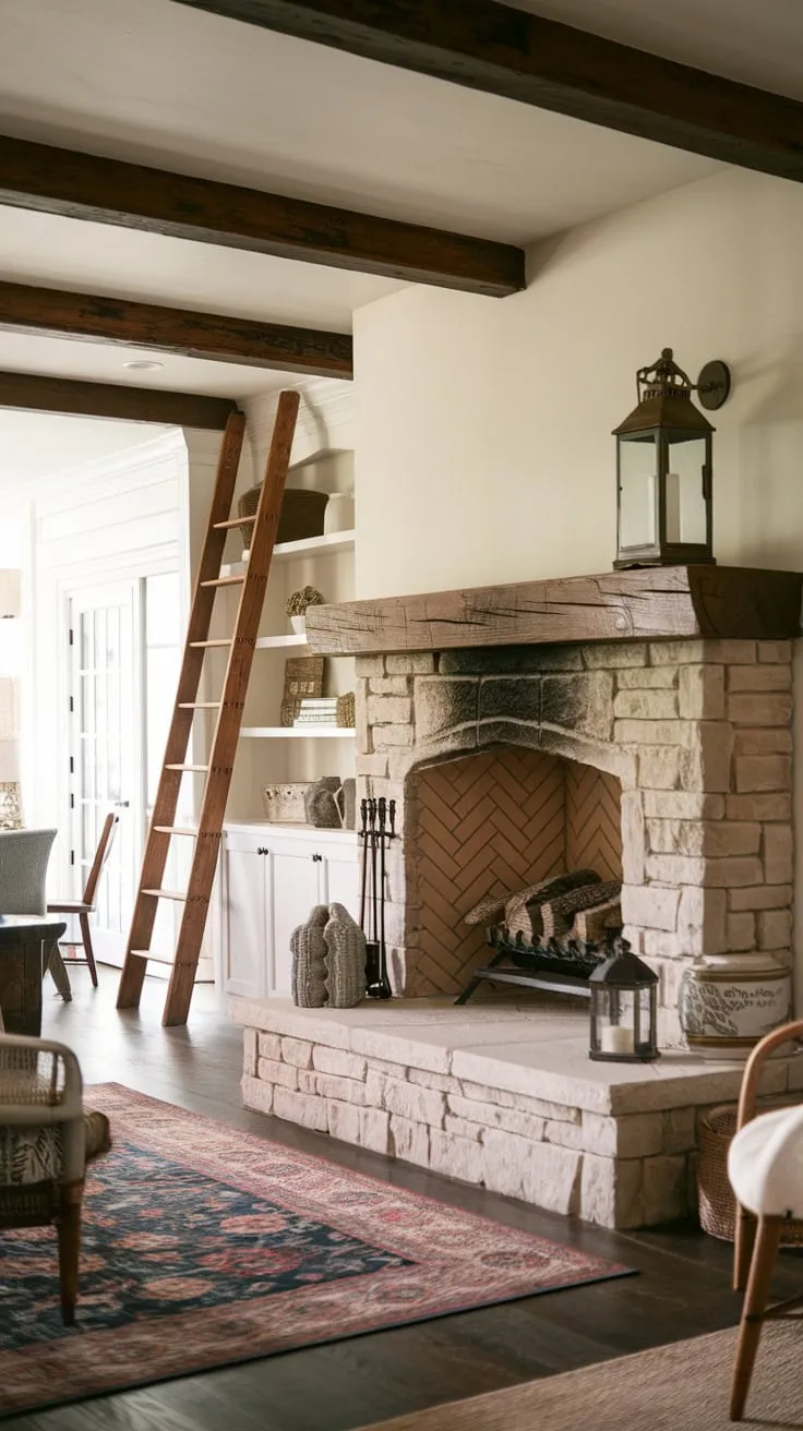 Rustic charm meets cozy warmth in a farmhouse family room featuring a stone fireplace, exposed beams, and inviting furnishings.