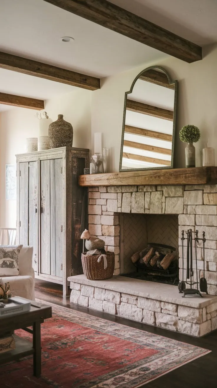 A rustic farmhouse family room boasts a stone fireplace with a wooden mantel, exposed beams, and vintage charm