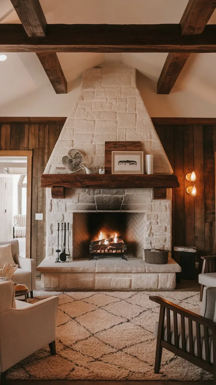 A warm and inviting family room features a stunning stone farmhouse fireplace, creating the perfect rustic retreat.