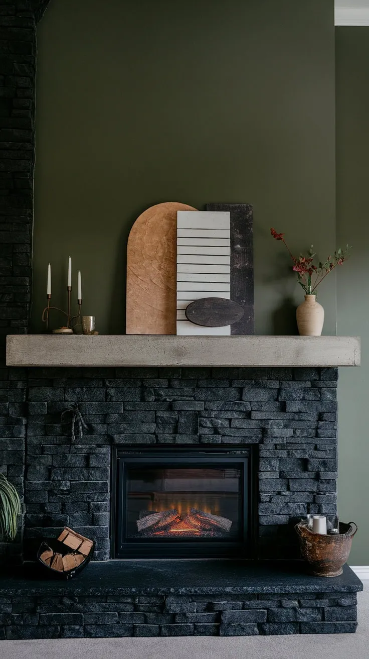 A sophisticated blend of textures and tones defines this family room. The show-stopping black stack stone fireplace, with its concrete mantle fireplace, anchors the space. The green wall fireplace provides a stunning backdrop, while unique mantle decor elevates the modern fireplace decor. The inclusion of a cottage electric fireplace adds practicality and warmth. This dark color fireplace showcases inspiring living room fireplace ideas, proving that a black brick fireplace can be both dramatic and inviting.