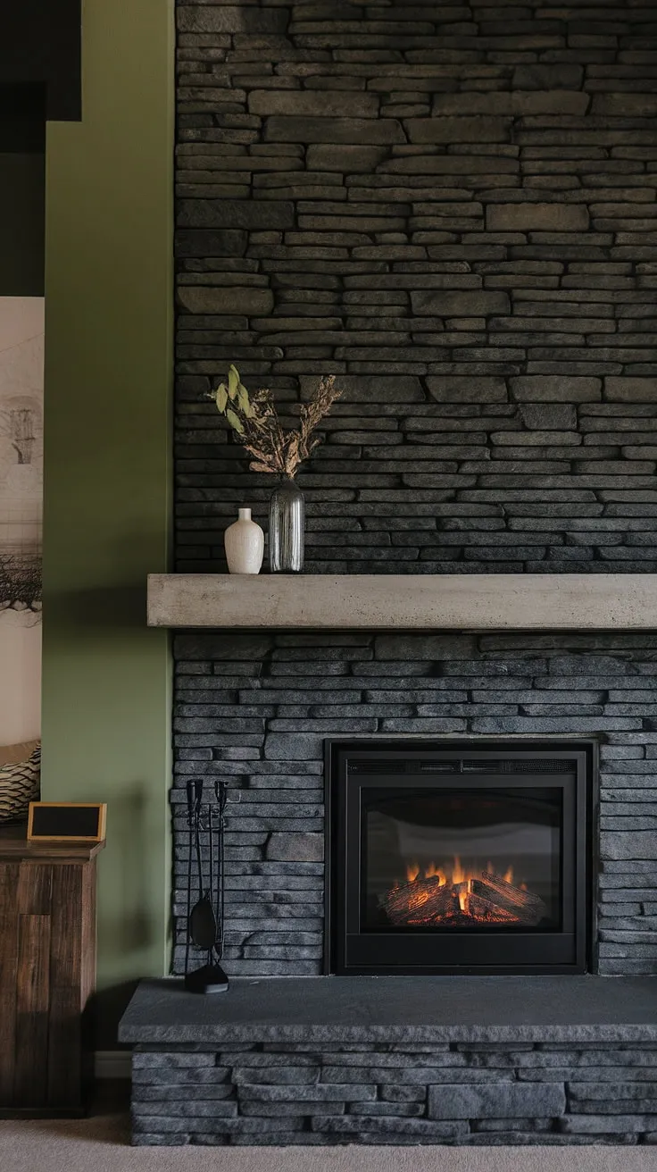 Cozy nights and family gatherings are made perfect in this dark color fireplace family room, featuring a striking black stack stone fireplace with unique concrete mantle decor. Living room fireplace ideas don't get much more modern than this green wall fireplace and cottage electric fireplace combo.