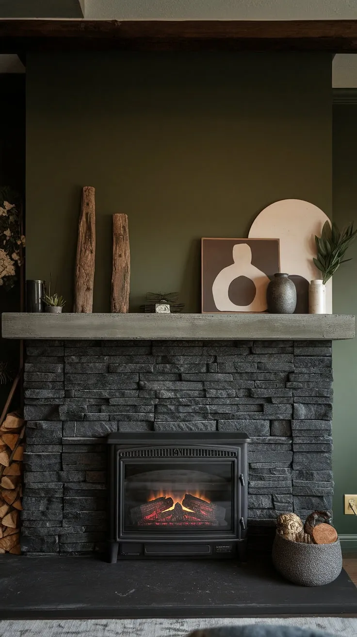 This dark color fireplace, a black brick fireplace masterpiece of black stack stone, anchors this modern fireplace family room. The green wall fireplace and unique mantle decor, perched on a concrete mantle fireplace, offer inspiring living room fireplace ideas for a cozy and rustic ambiance. The addition of a cottage electric fireplace completes the look.