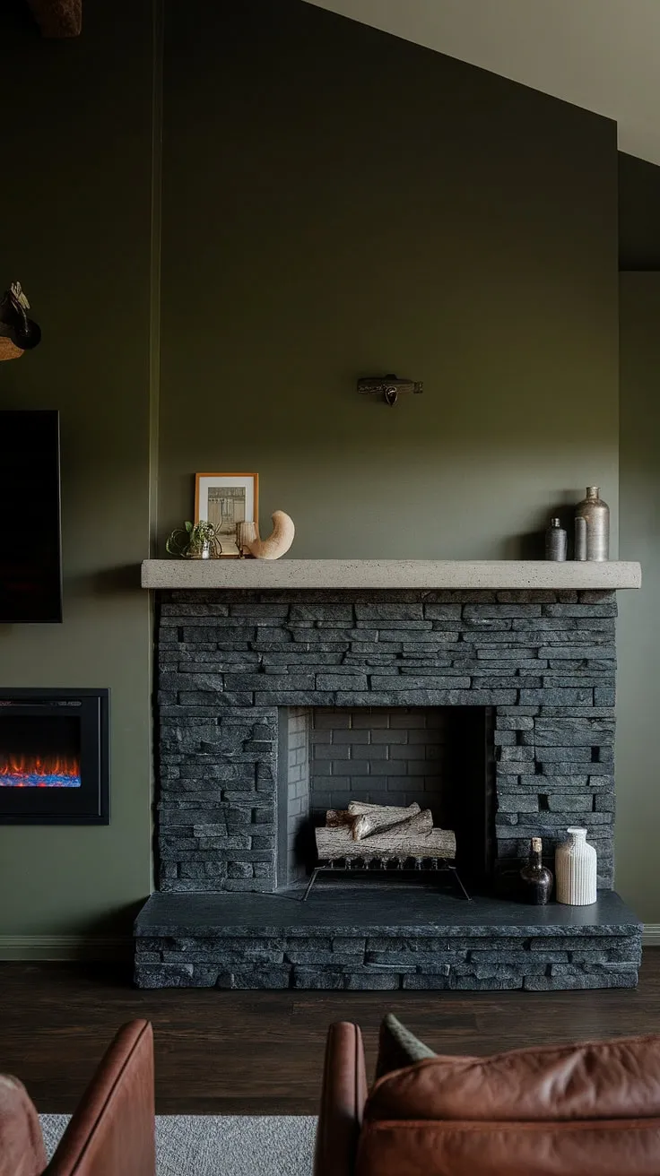 A black brick fireplace, or rather, a stunning black stack stone fireplace, anchors this modern fireplace family room. The dark color fireplace, set against a sophisticated green wall, is enhanced by a concrete mantle fireplace and a second cottage electric fireplace. Discover unique mantle decor and living room fireplace ideas in this space.