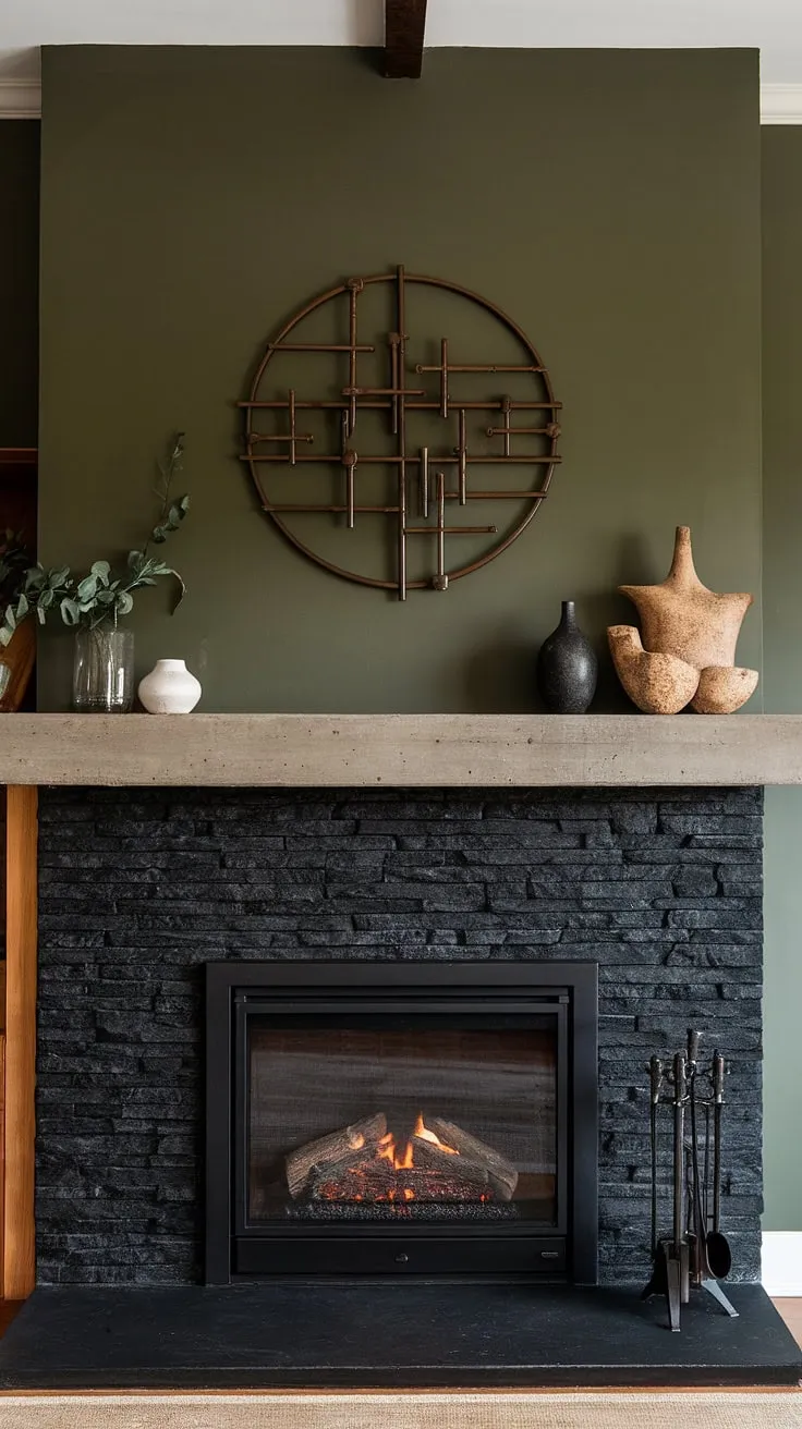 A dark color fireplace, specifically a black brick fireplace, anchors this modern fireplace decor. The combination of a black stack stone fireplace and cottage electric fireplace creates a unique and inviting atmosphere in this stunning fireplace family room, complete with a concrete mantle fireplace.