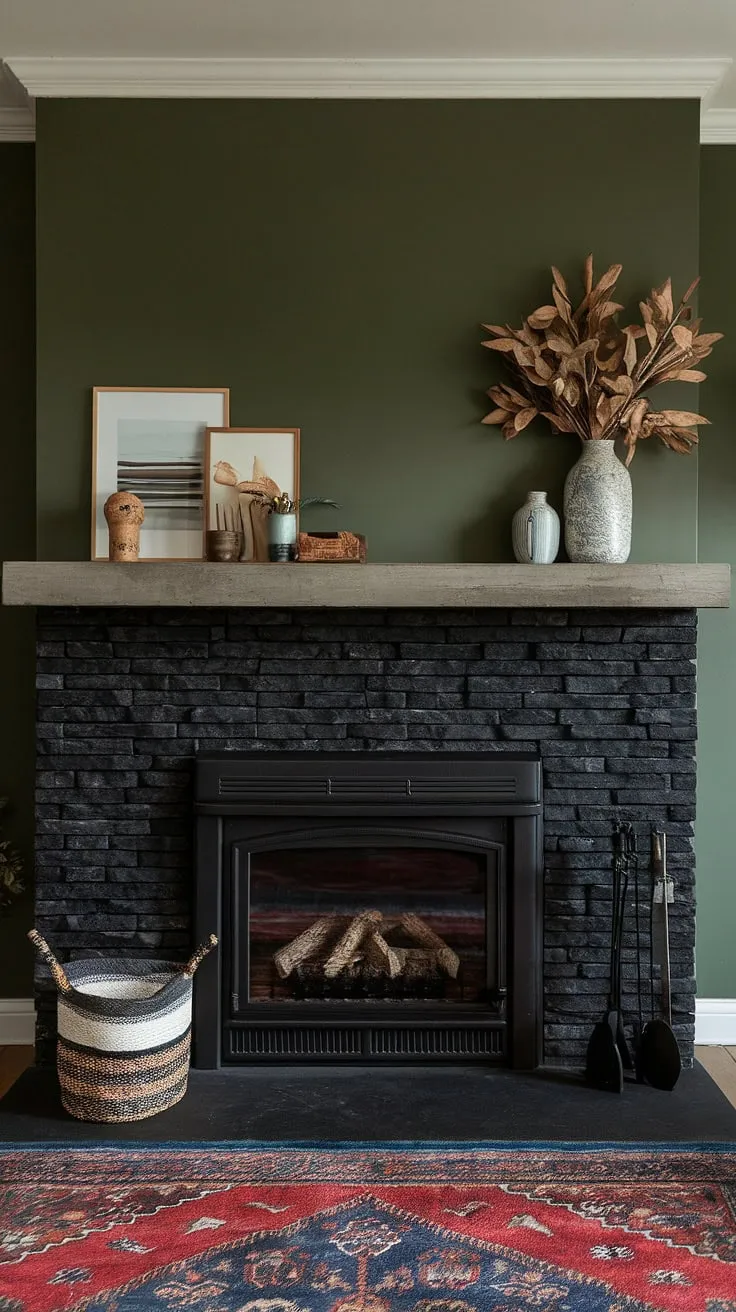 This dark color fireplace, a black brick fireplace actually, anchors this cottage electric fireplace family room. The black stack stone fireplace and concrete mantle fireplace are stunning, offering unique mantle decor and plenty of living room fireplace ideas. The green wall fireplace adds a touch of unexpected modern flair.