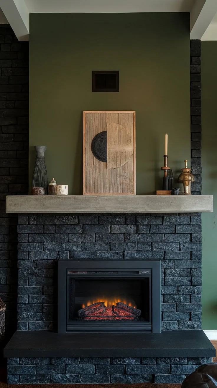 A living room fireplace ideas come to life in this space, showcasing a black stack stone fireplace with a concrete mantle fireplace. The unique mantle decor is highlighted by a sophisticated green wall fireplace design, creating a dramatic contrast against the dark color fireplace and black brick fireplace surround. This cottage electric fireplace is the perfect blend of modern fireplace decor and cozy family room comfort.