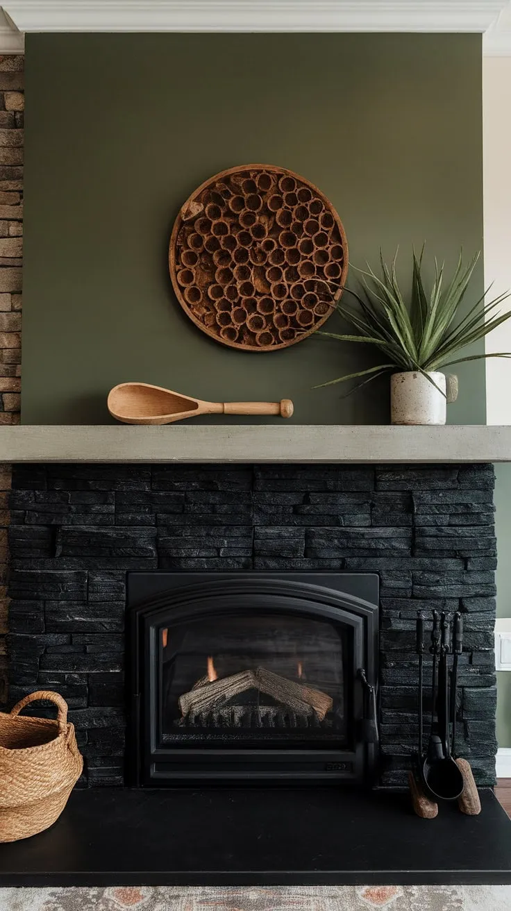 A black brick fireplace, specifically a black stack stone fireplace, anchors this modern family room. The concrete mantle fireplace provides a sleek contrast to the textured stone, while the green wall fireplace creates a calming backdrop. Unique mantle decor, including a potted plant and a wooden scoop, adds personality. This living room fireplace ideas demonstrates how a dark color fireplace can be both stylish and inviting, perfectly suited for a cozy cottage aesthetic.