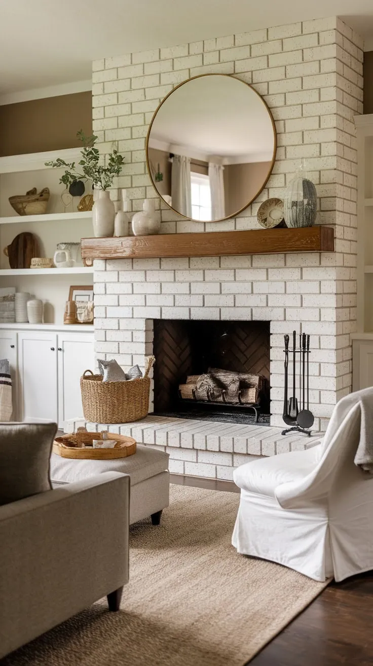A gray sofa and white chair complement a farmhouse-style fireplace with white brick and wooden mantel in a cozy beige family room.