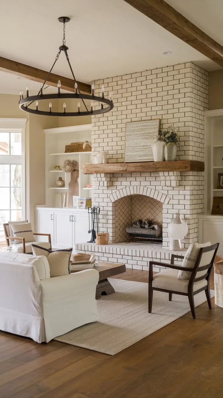 A rustic farmhouse fireplace anchors a warm and inviting family room, complete with wooden floors, a white sofa, and charming décor.