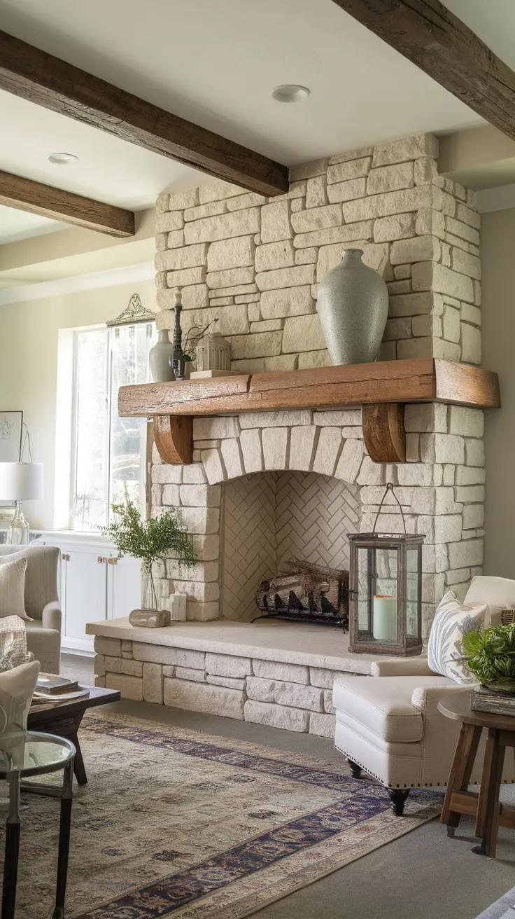 A stone fireplace anchors a charming family room, its rustic details complemented by comfortable furniture and warm lighting.