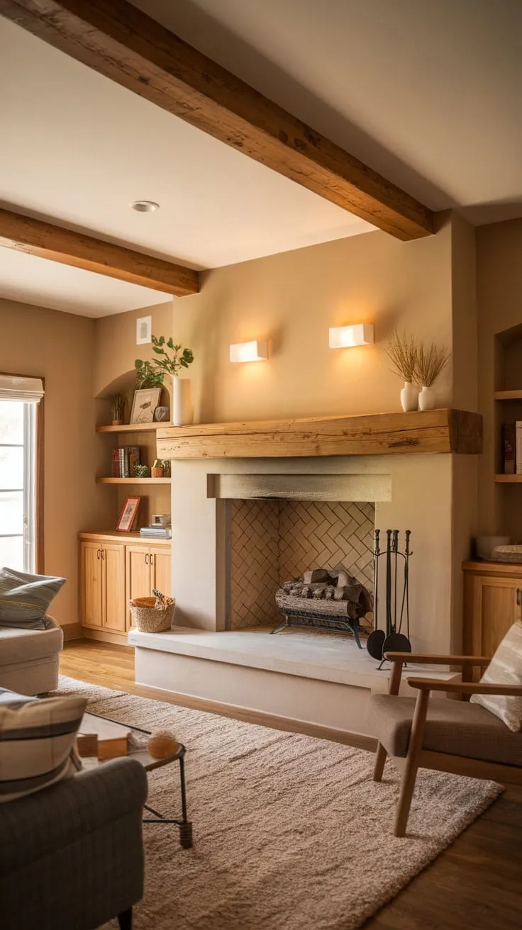 Warm lighting and rustic wooden beams accentuate a cozy farmhouse family room centered around a traditional fireplace perfect for family gatherings