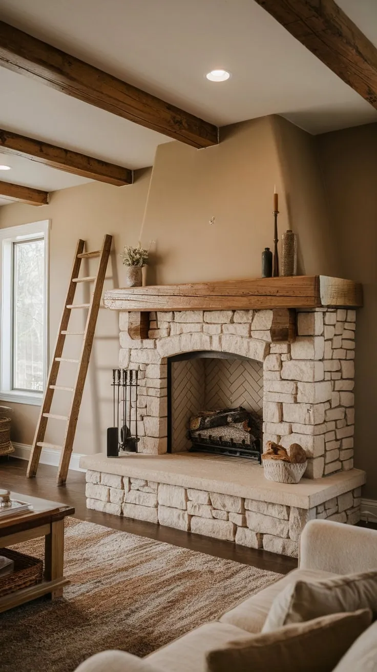 Rustic charm fills a cozy family room featuring a stone farmhouse fireplace, wooden beams, and a plush rug perfect for family gatherings