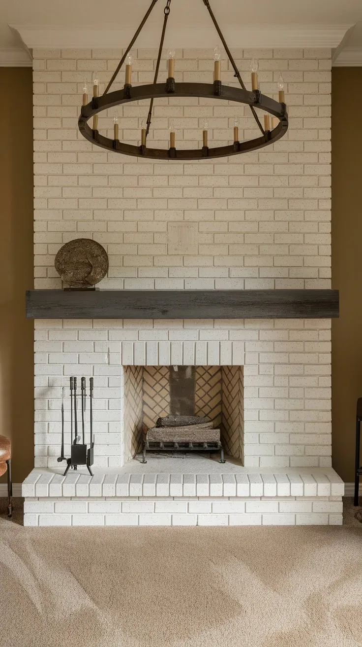 A rustic chandelier illuminates a cozy family room featuring a white brick farmhouse fireplace with a dark gray mantel and beige walls and carpet.