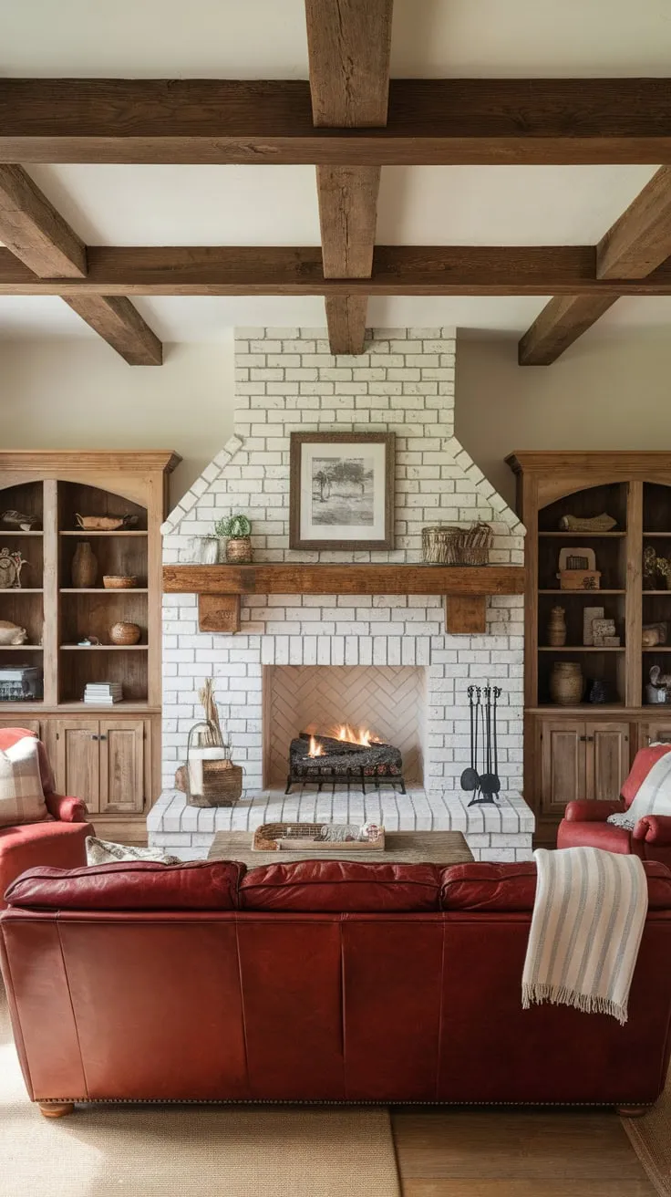 A warm and inviting family room boasts a farmhouse-style fireplace with a white brick exterior, rustic wood accents, and comfortable seating.