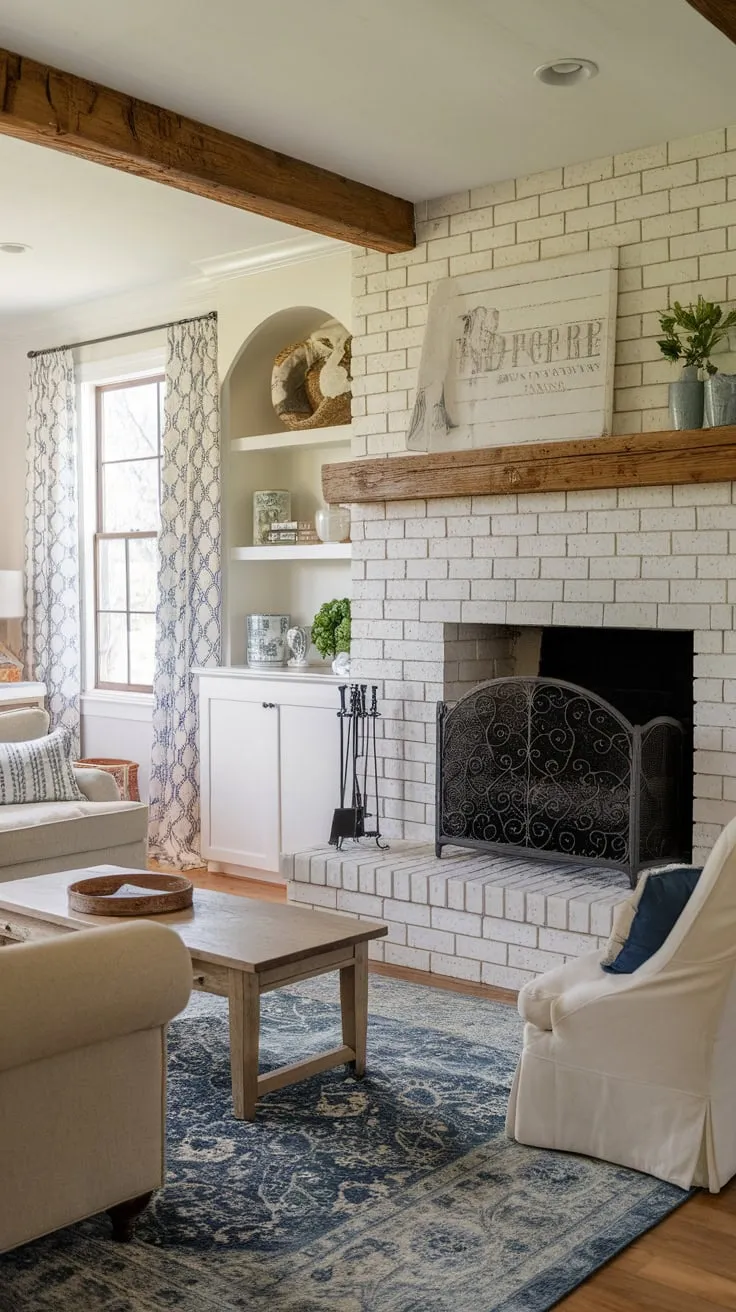 Rustic charm meets modern comfort in this farmhouse family room, centered around a stunning white brick fireplace and inviting seating area.