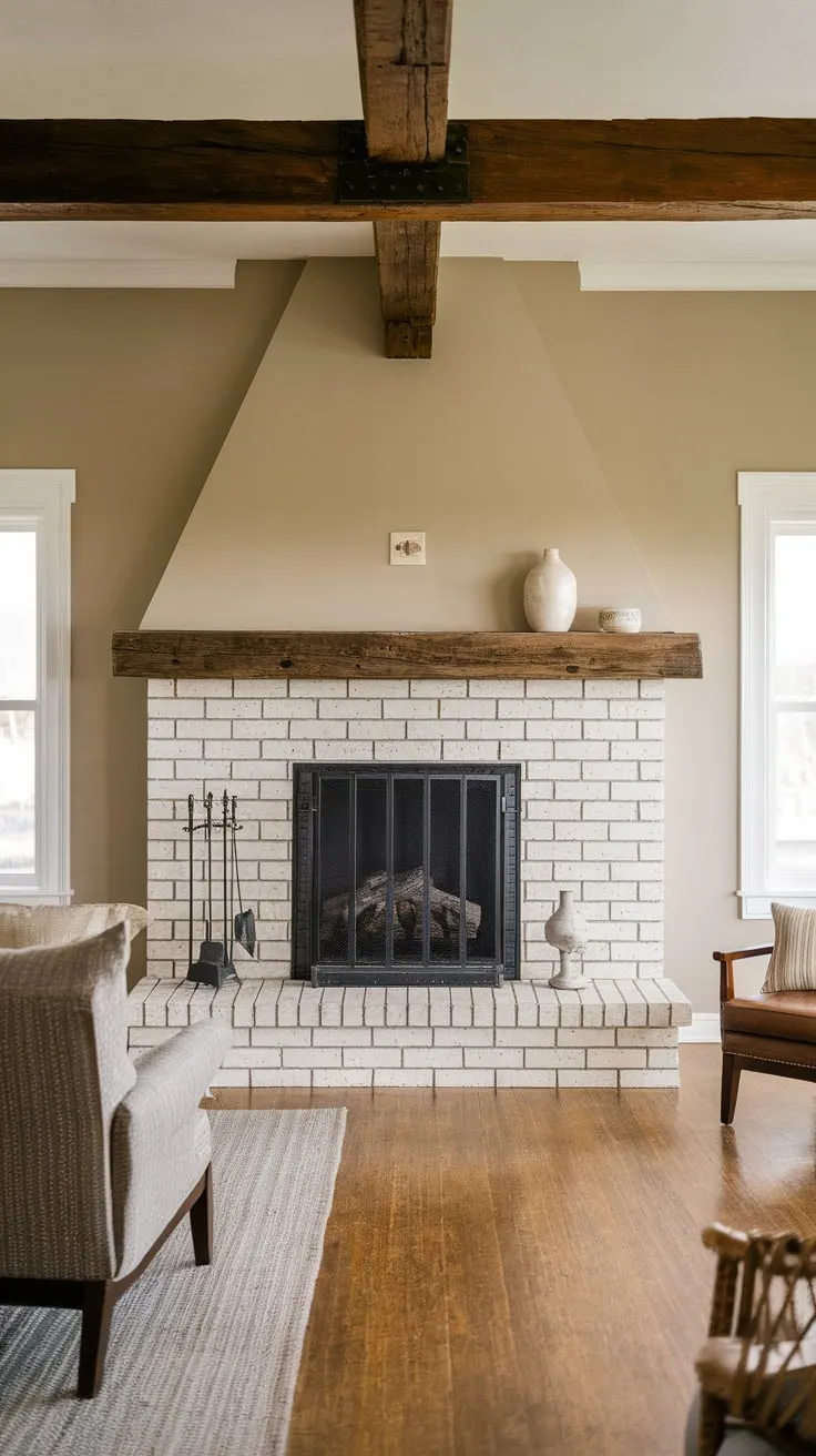 A cozy farmhouse family room features a white brick fireplace with a black metal grate, accented by a wooden beam and warm beige walls.