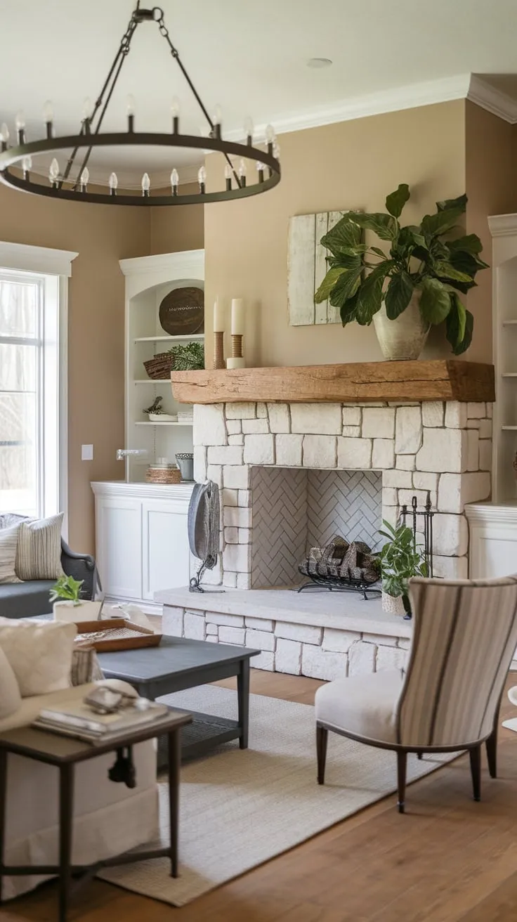 Warm beige walls and a rustic chandelier enhance the inviting atmosphere of a family room centered around a charming stone farmhouse fireplace.