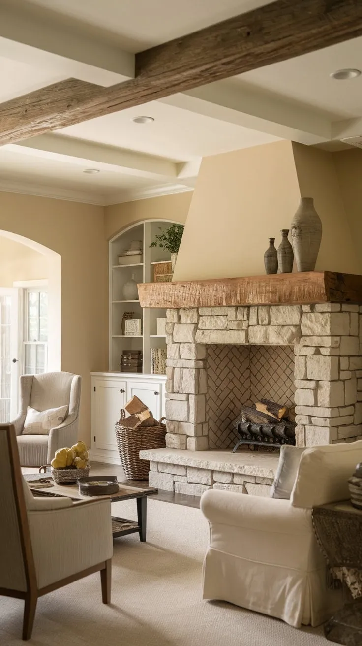 A cozy stone fireplace anchors a beige-walled family room, its farmhouse style enhanced by wooden beams and rustic furnishings.