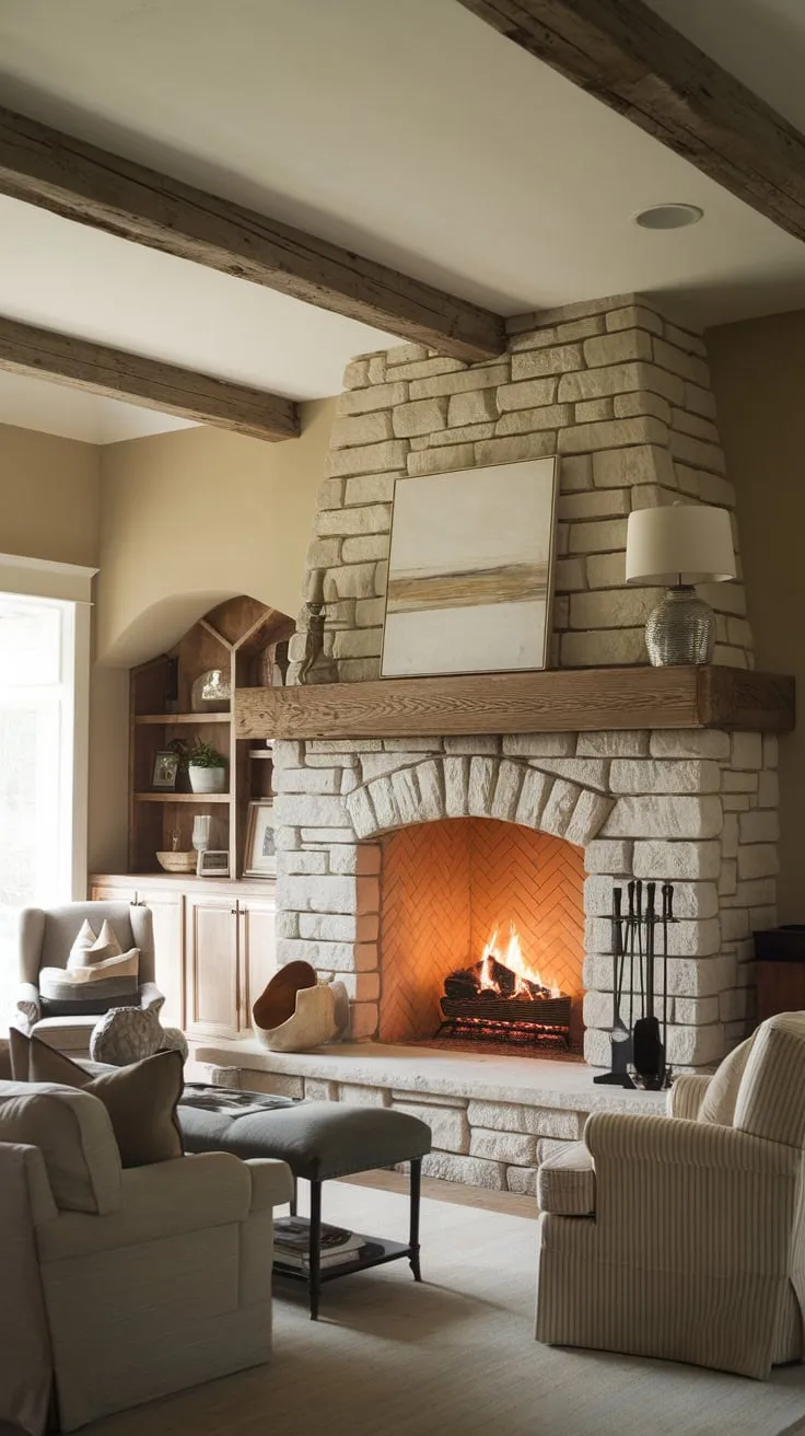 Rustic charm fills a cozy farmhouse family room warmed by a crackling stone fireplace and beamed ceiling