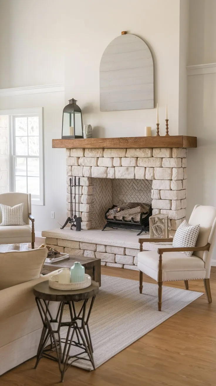 A cozy farmhouse family room features a wood-mantel stone fireplace, complemented by beige furnishings and warm wood floors