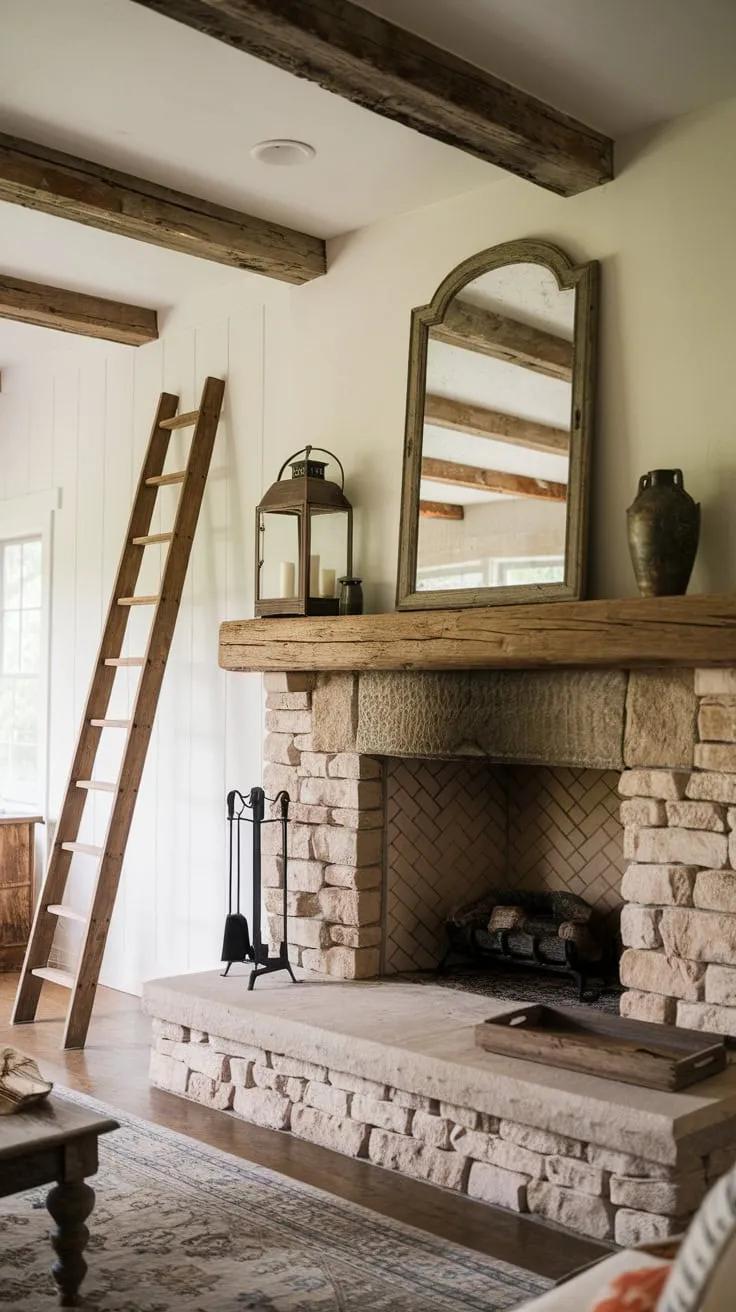 A cozy farmhouse family room boasts a large stone fireplace, rustic wood beams, and charming vintage details creating a warm and inviting atmosphere