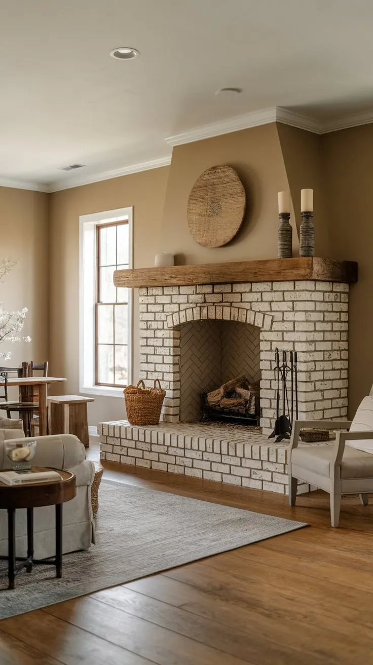 A rustic brick fireplace anchors a cozy farmhouse family room, its warmth enhanced by wood floors, comfortable furniture, and a welcoming beige palette