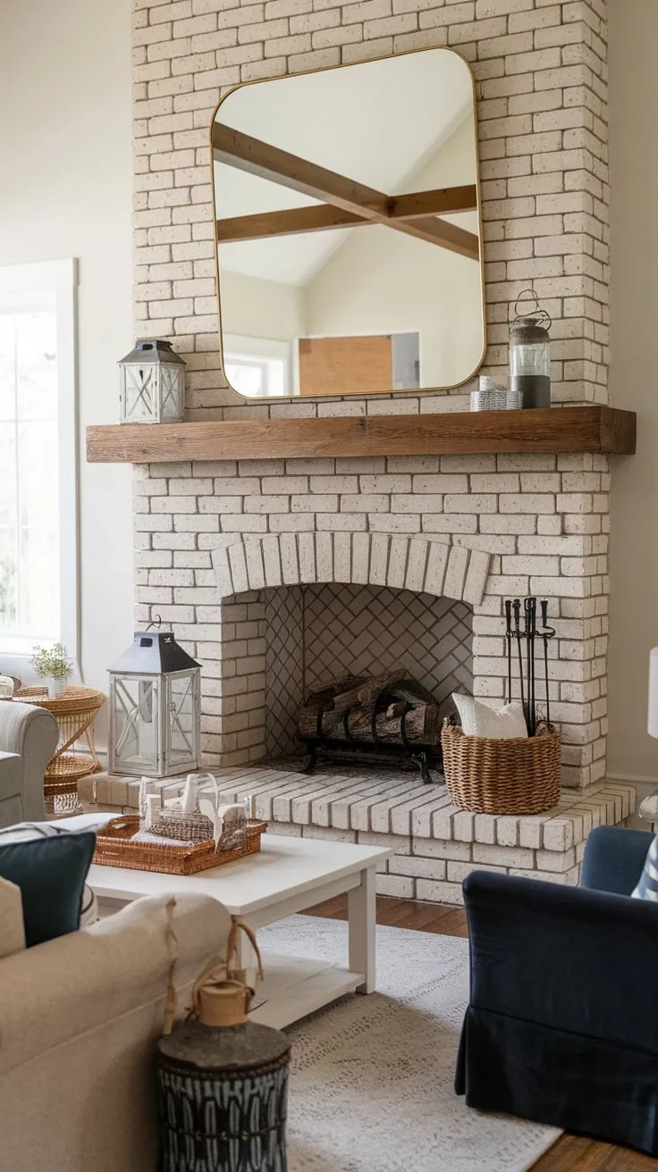 A cozy farmhouse family room features a brick fireplace with a wood mantel, complemented by comfortable seating and charming décor.