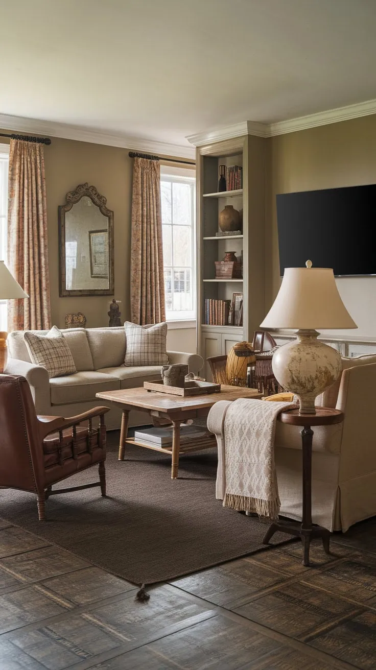 Warm wooden floors and vintage accents complement a comfortable family room centered around a large TV above a beige sofa.