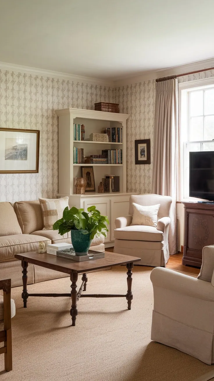 Cozy beige tones and classic wooden pieces create a traditional family room centered around a comforting TV viewing area.