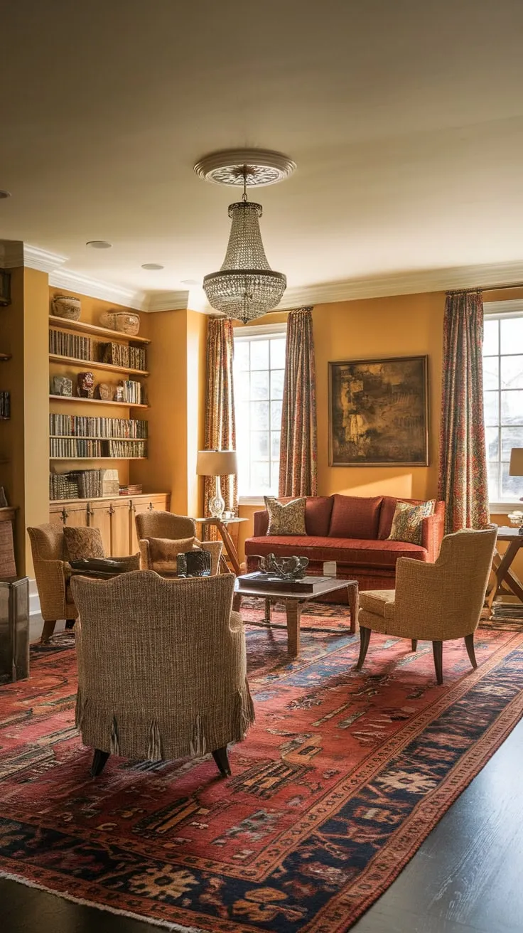 A warm, traditional family room features a vintage rug, comfortable seating around a coffee table, and a bookshelf, all centered around a captivating television.