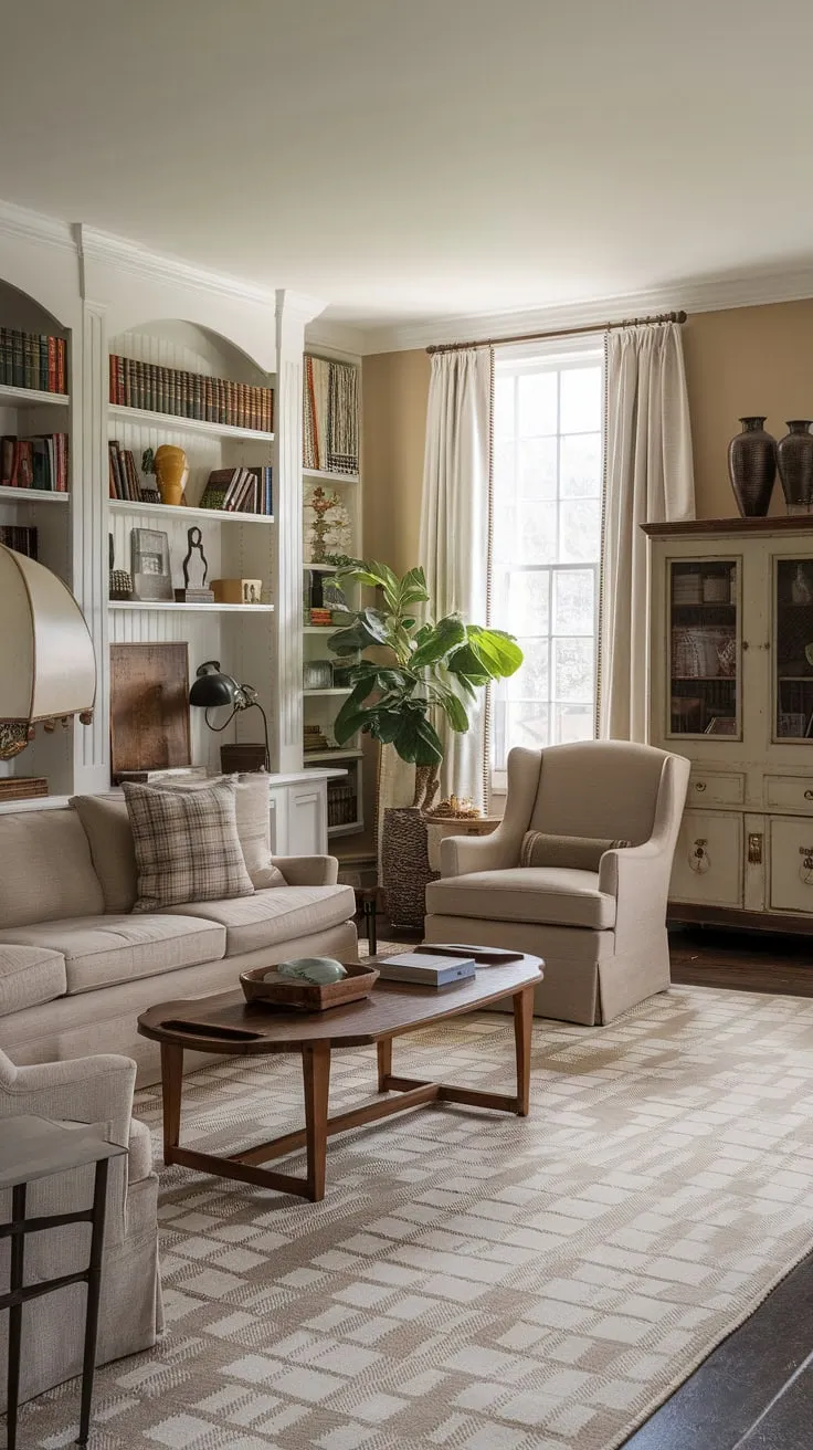 A vintage-inspired family room offers cozy comfort with a beige sofa, patterned rug, and built-in shelving surrounding a large TV implied by the furniture arrangement
