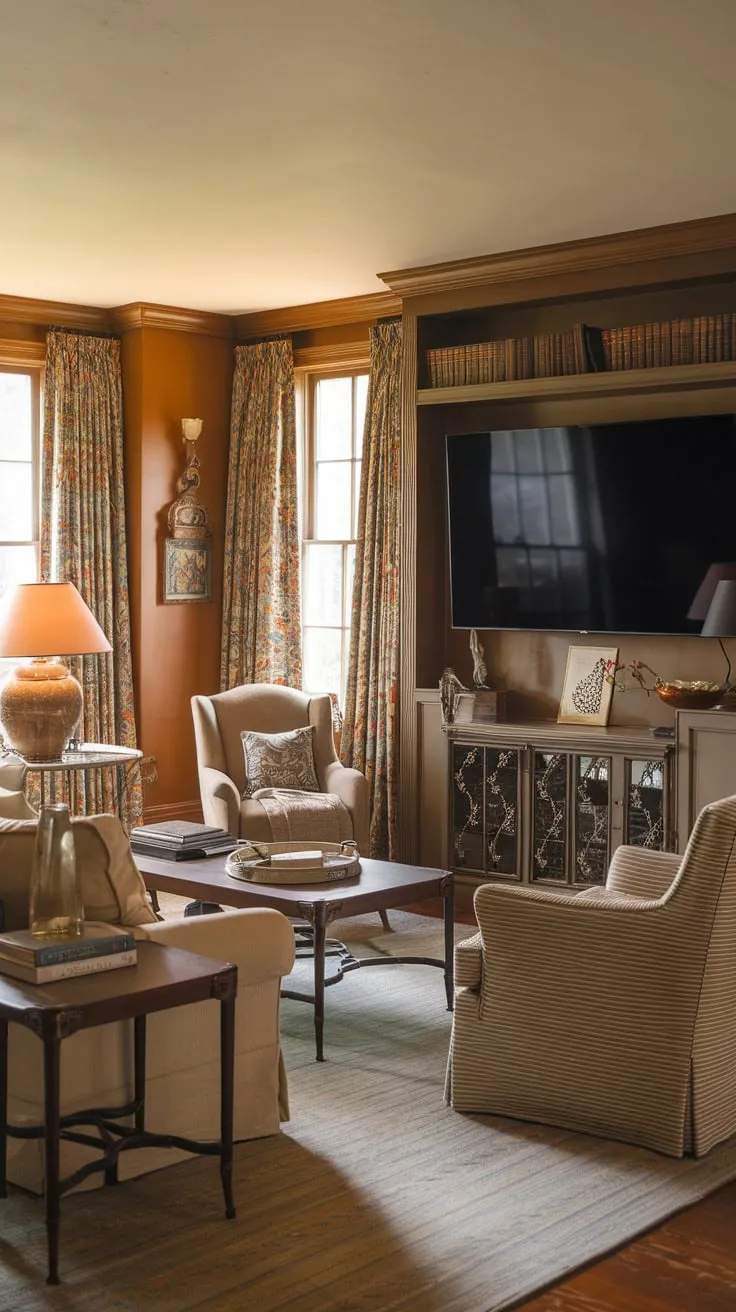 A warm, vintage-inspired family room centers around a large-screen TV and comfortable seating, perfect for family movie nights