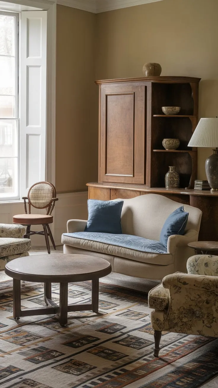 A vintage-inspired family room features a beige sofa, floral armchairs, and a wooden cabinet surrounding a cozy TV viewing area.